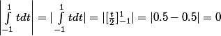 \left| \int_{-1}^{1}{t}dt\right| =|\int_{-1}^{1} t dt|=|[ \frac{t}{2}]_{-1}^1|=|0.5-0.5|=0